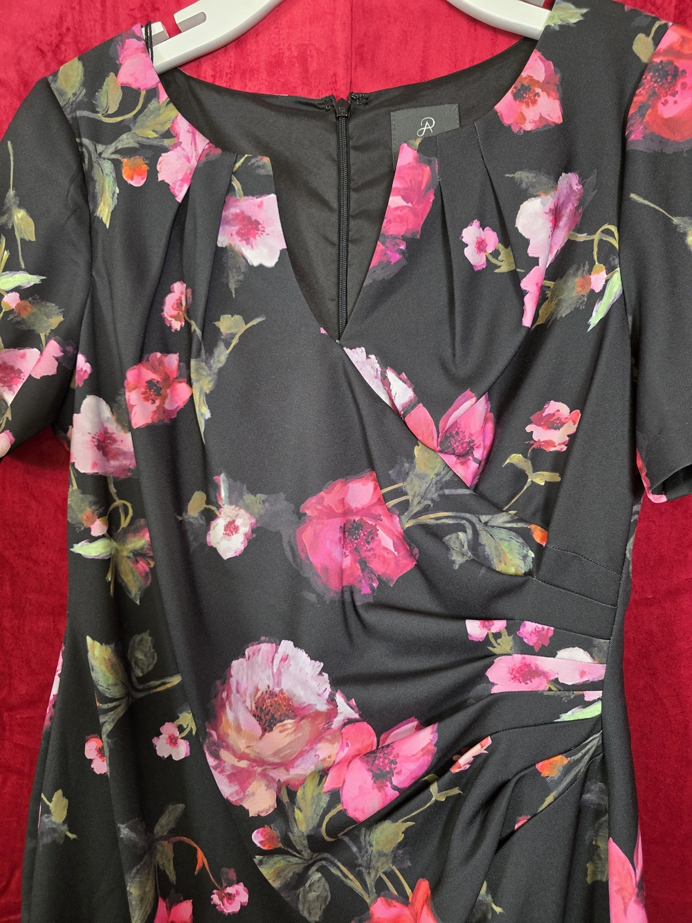Adrianna Papell Black Floral Faux-Wrap Short Sleeve Dress - Picture 4 of 5